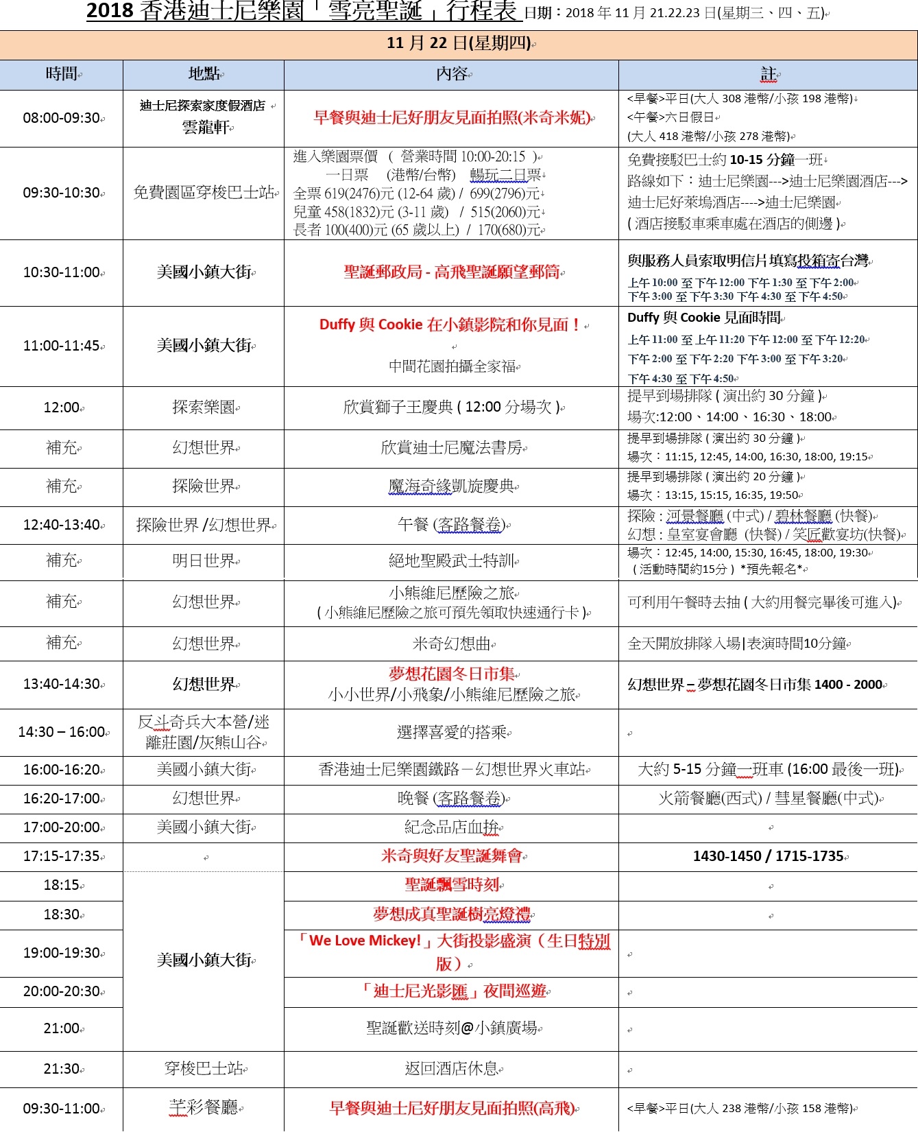 香港迪士尼樂園行程表-20181119(新版)